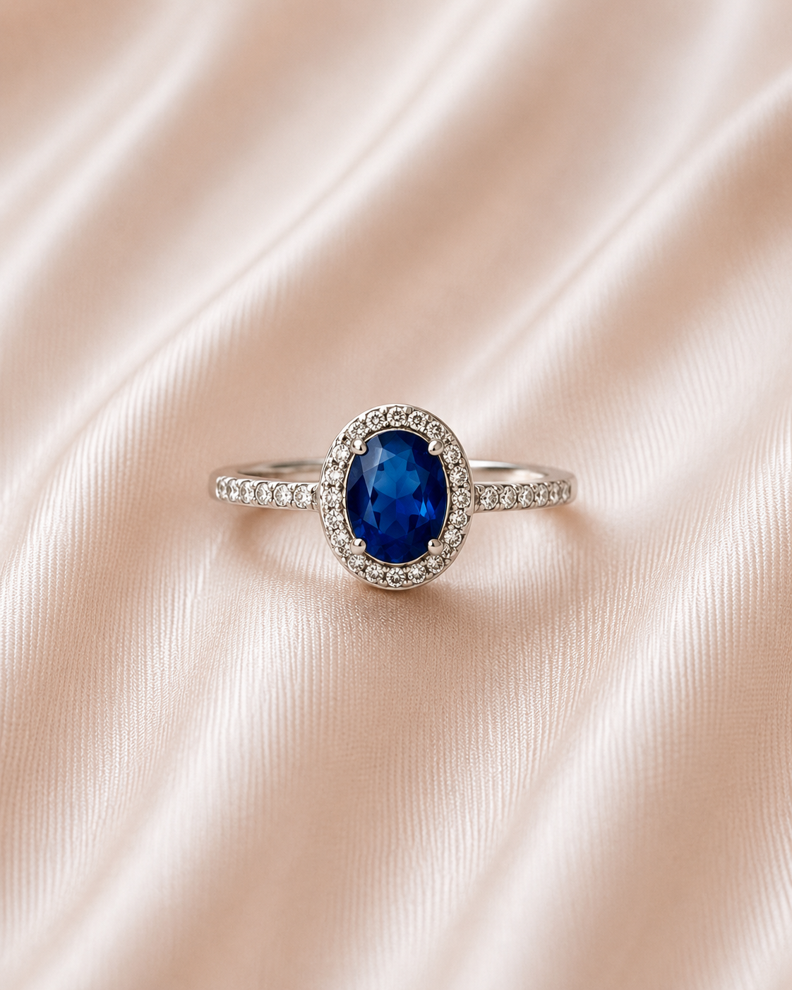 Anel oval azul cravejado